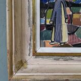 1951 Mid-Century Modern "Figures in Colour" Vintage Geometric Abstract Figurative Oil Painting, Fram