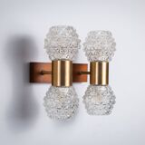 Pair of Swedish wall lamps with teak wood, brass and glass cup shade