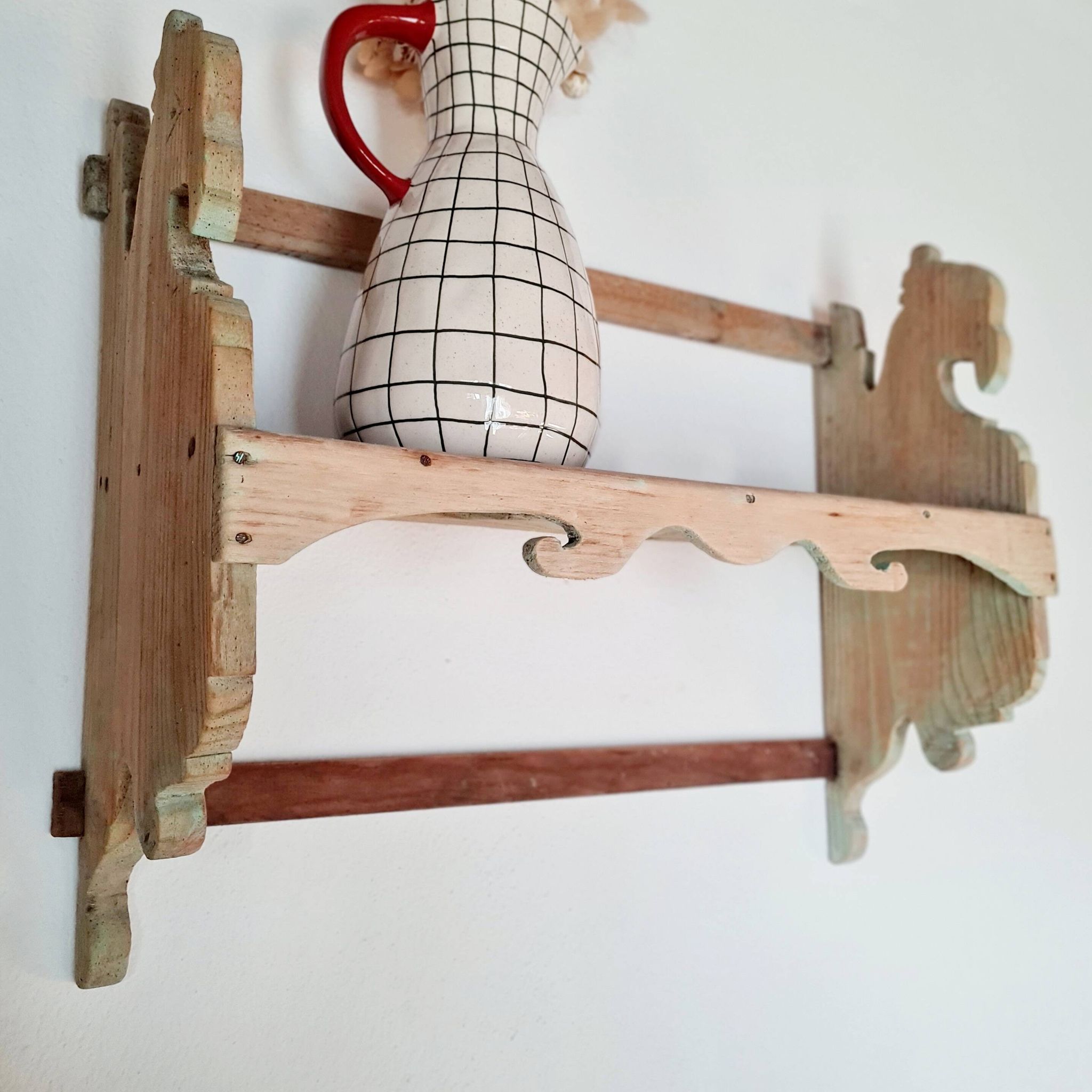 Antique wall shelf in raw wood - patinated green