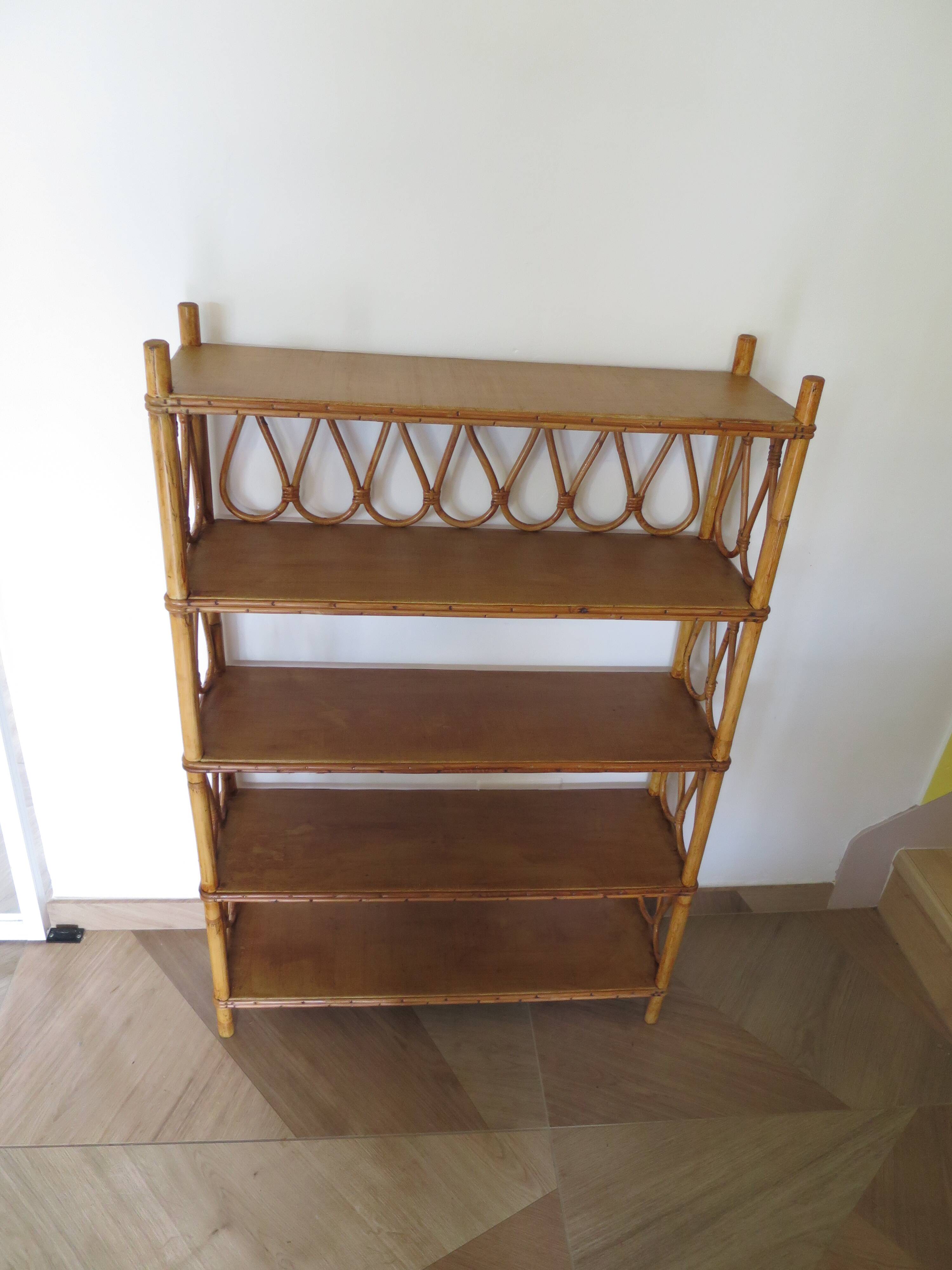 Wooden and rattan bookcase, 1970s-1980s