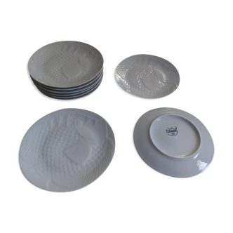 White porcelain plates vintage fish motif - ocean cnd france