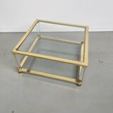 Table basse lucite, laiton et verre années 70