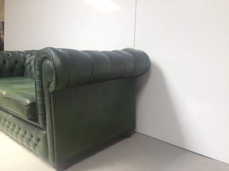 Vintage English green leather chesterfield sofa