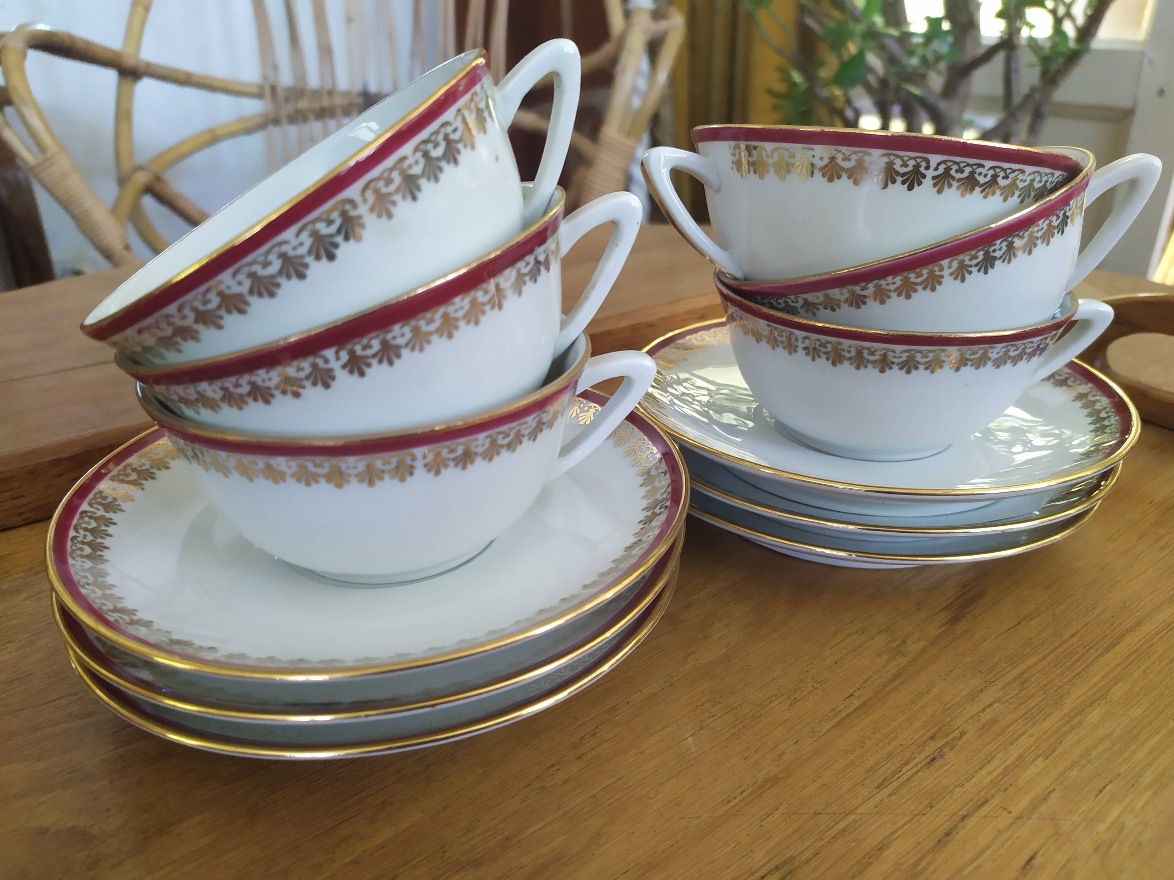 6 Pillivuyt pink and gold porcelain coffee cups