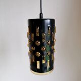 Amber blown glass and midnight blue metal hanging lamp 1960