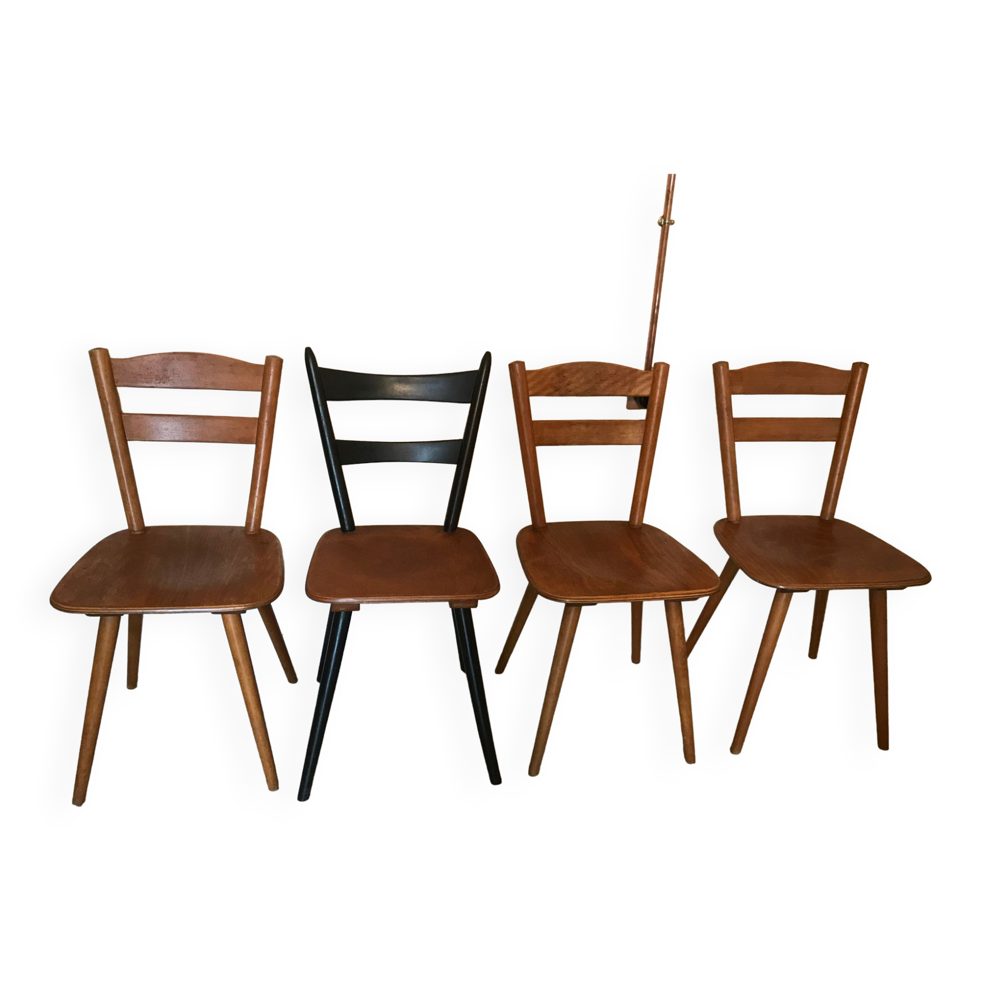 Set of 4 mismatched vintage chairs compass legs