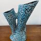 Large sculptural ceramic vase with textured turquoise blue and black glaze – Double horn – H. 31 cm