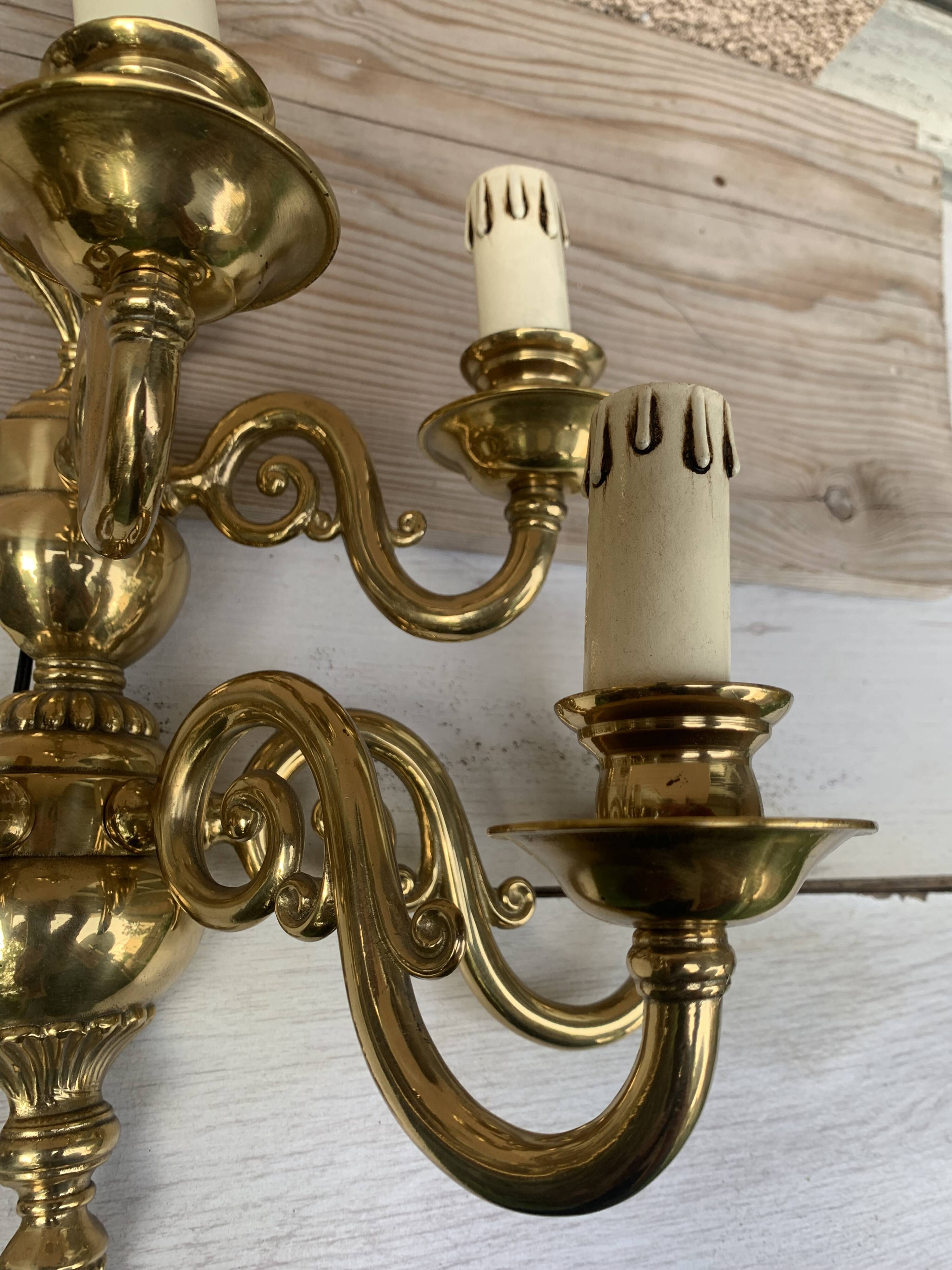 Large Pair of Dutch Style 5-Branch Wall Lights in Brass, Gilded Bronze, 19th Century