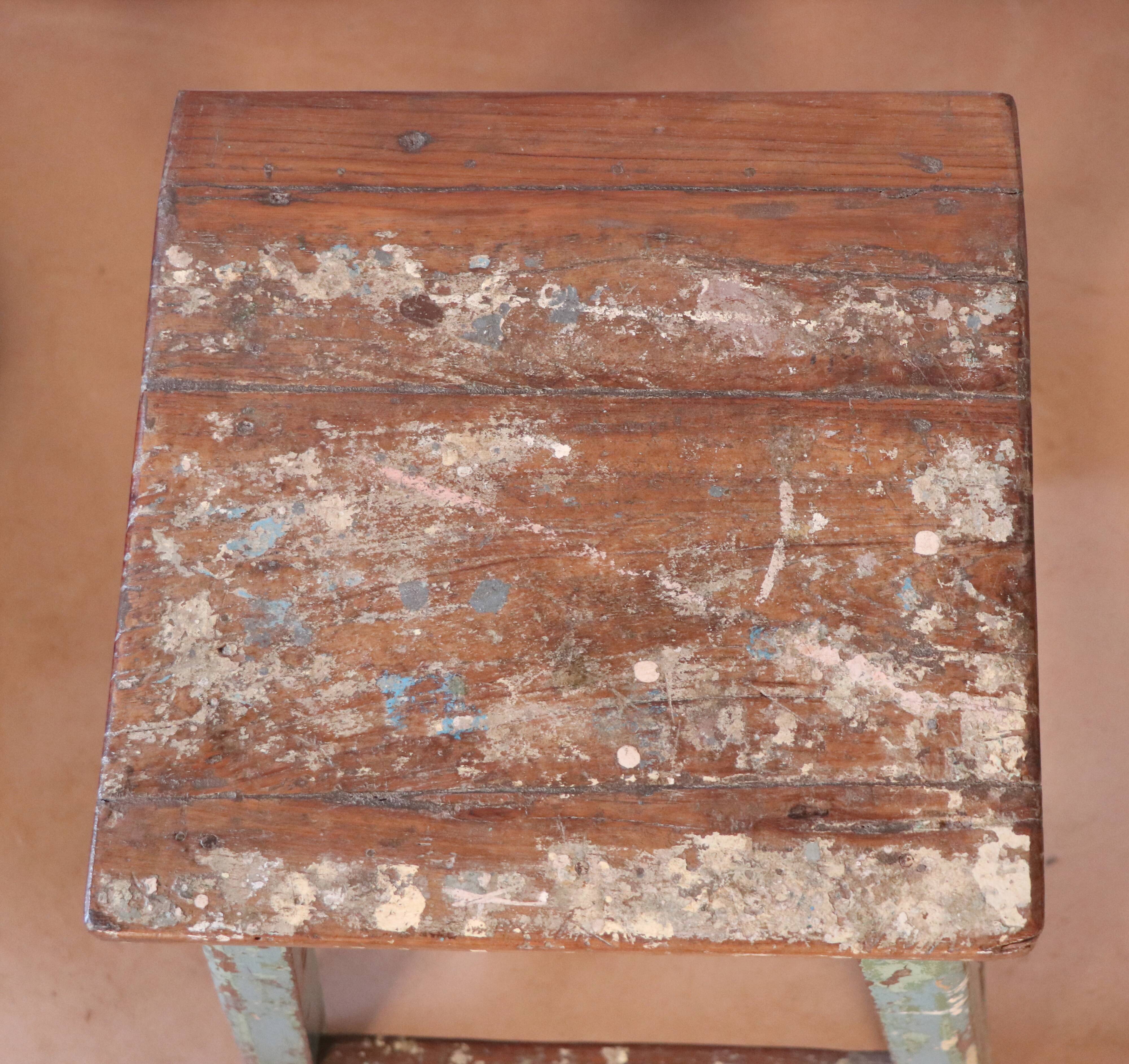 Old workshop stool in original blue patina Burmese teak