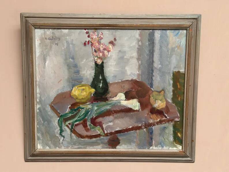 Original Swedish Oil on Panel – "Vase and Vegetables" by Arne Kilsby – Signed – Vintage and Framed – 54 × 46 cm (21.3" × 18.1")