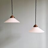 Pair of Art Deco conical white opaline pendants, 1920-30.