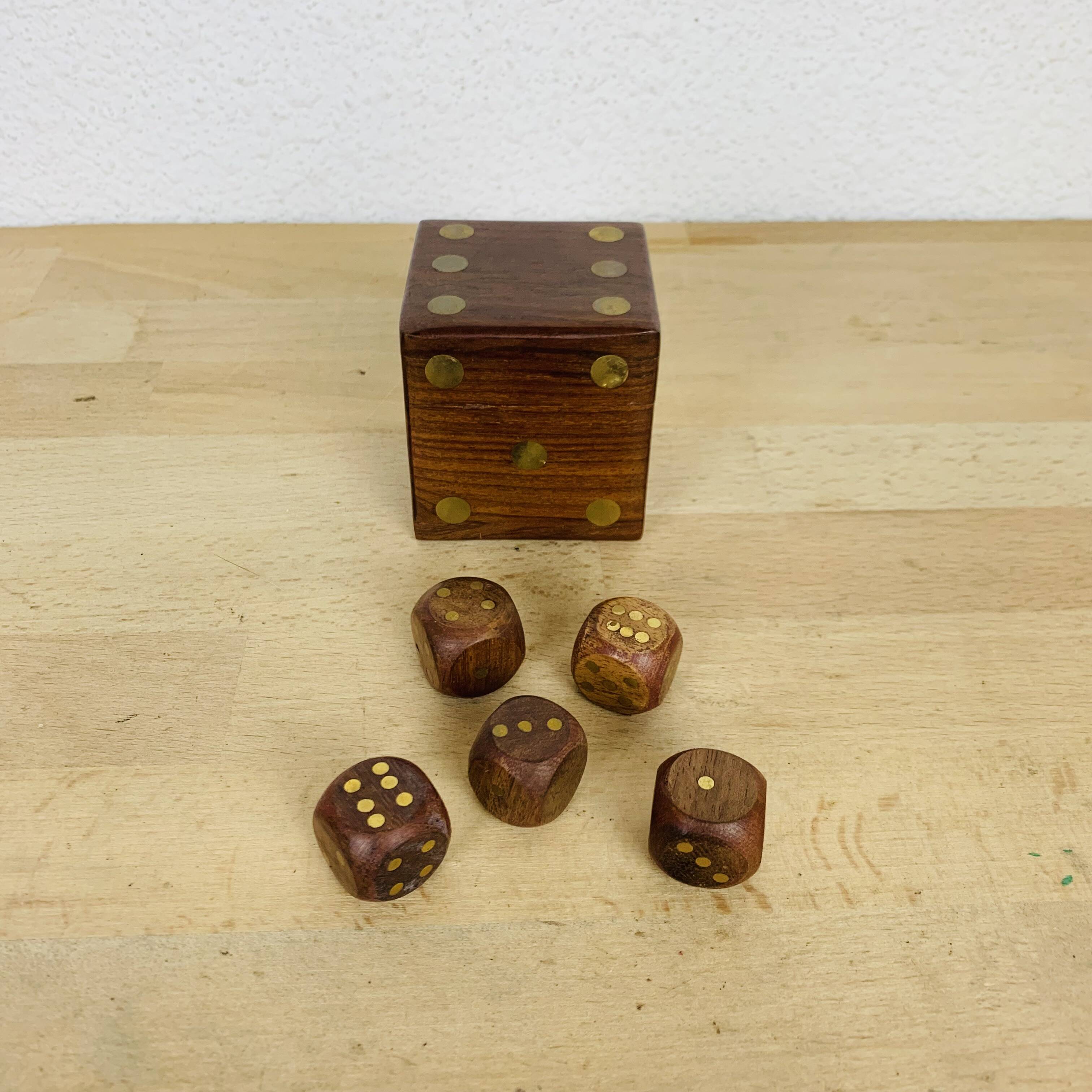 Box with 5 teak and brass dice, vintage