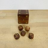 Box with 5 teak and brass dice, vintage