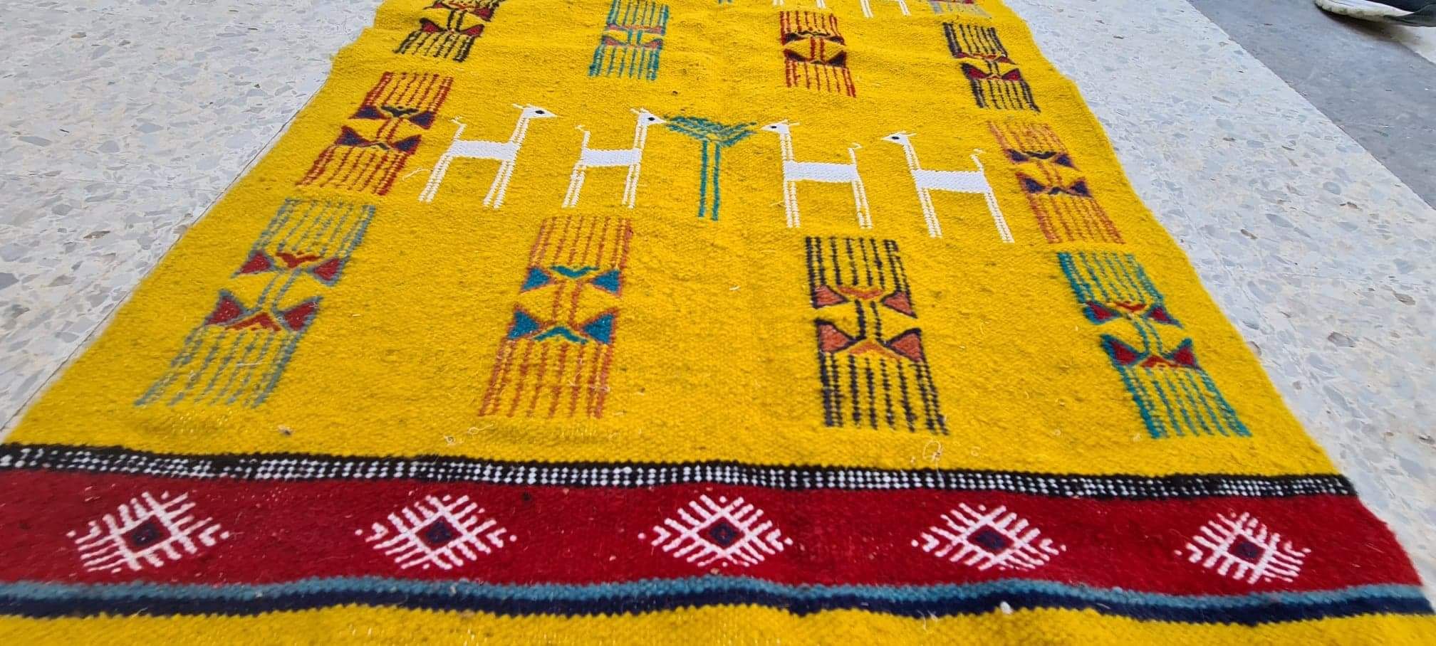 Traditional handmade biker yellow kilim carpet made of pure wool  - 120x70cm
