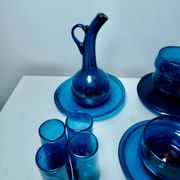 Glassware set in cobalt blue blown glass – carafe + 4 glasses + 3 bowls + 4 saucers
