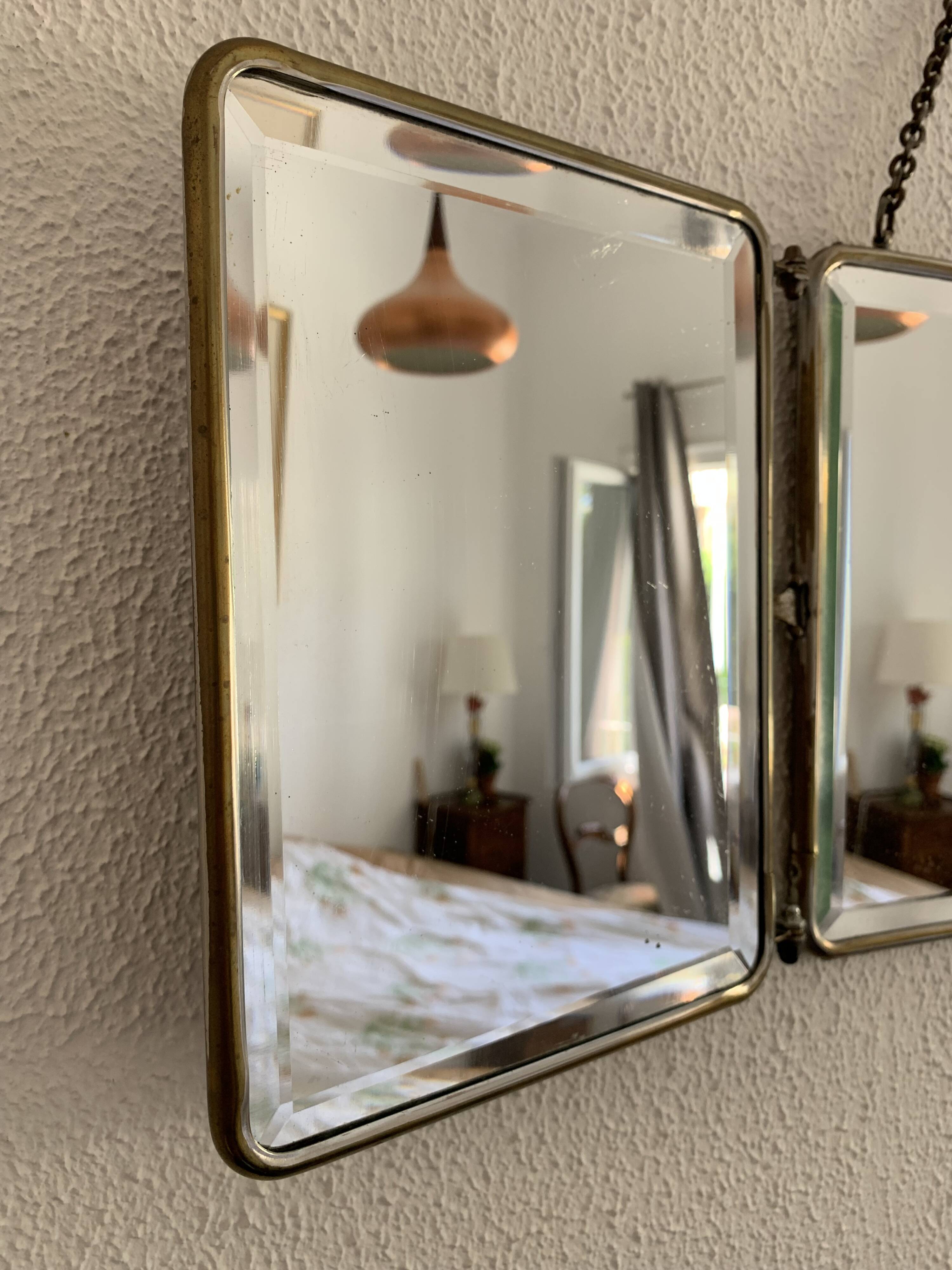 Miroir vintage 1930 triptyque de barbier lézard brun Art Déco - 26 x 61 cm