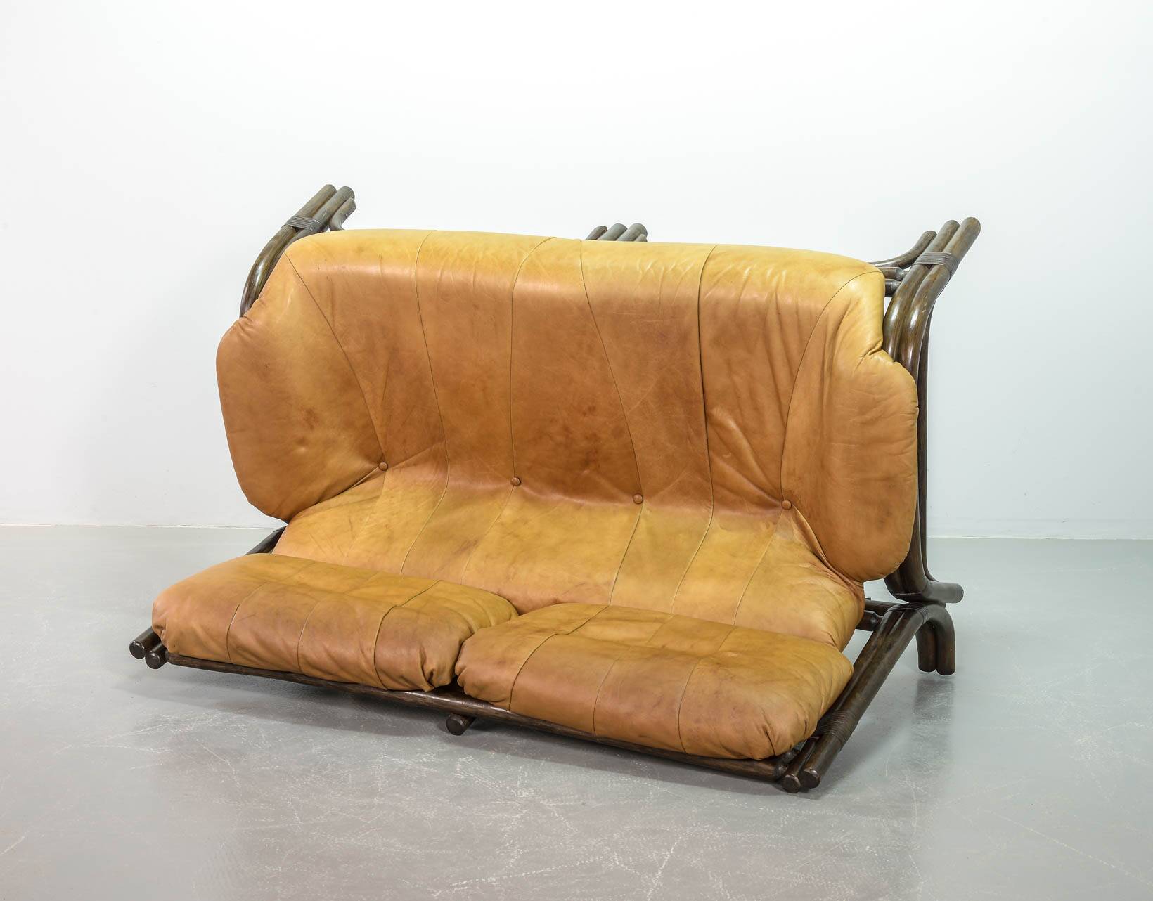 Brutalist Bentwood Love Seat Bamboo Sofa w. Caramel Leather Upholstery, 60s