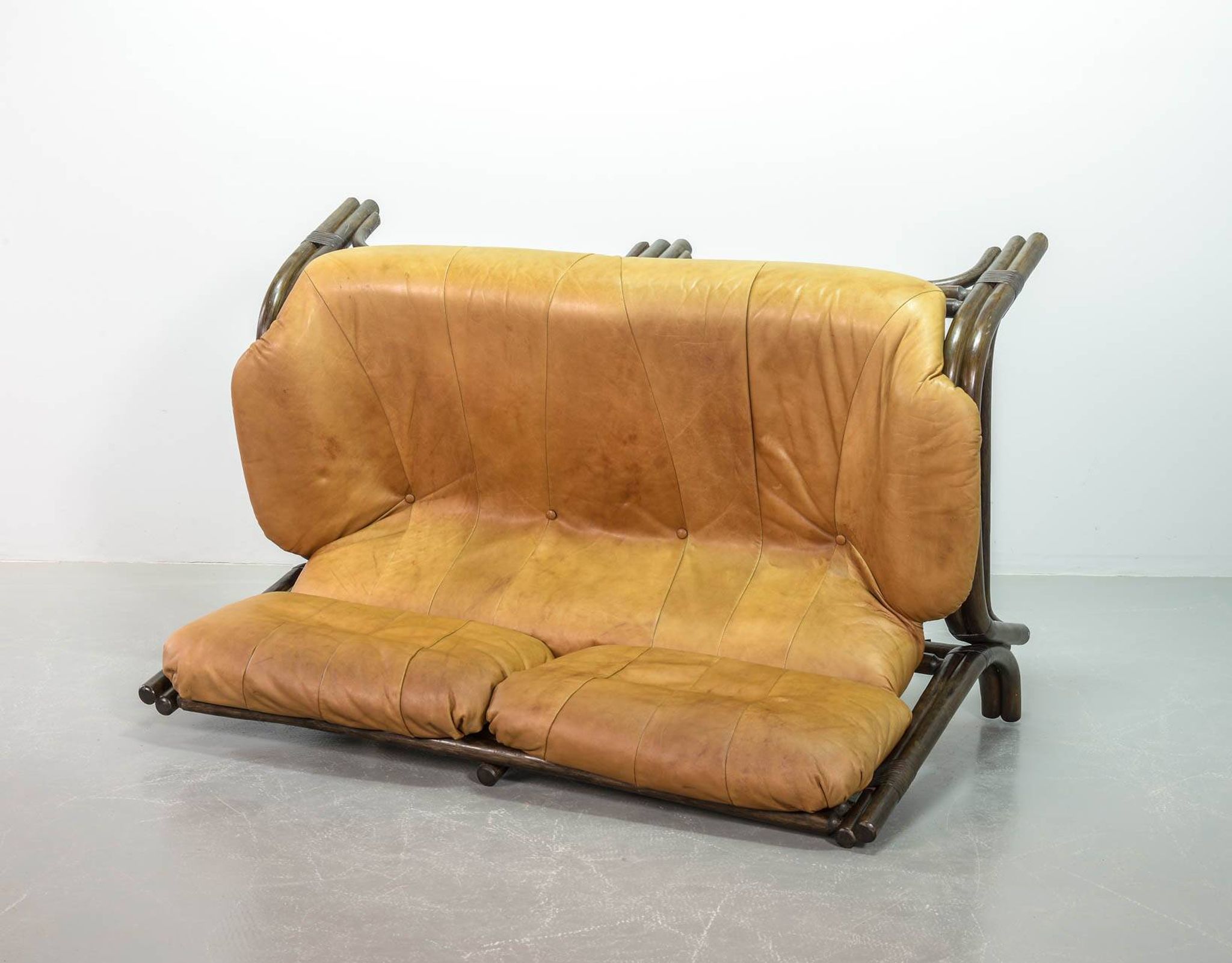 Brutalist Bentwood Love Seat Bamboo Sofa w. Caramel Leather Upholstery, 60s
