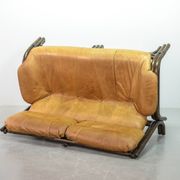 Brutalist Bentwood Love Seat Bamboo Sofa w. Caramel Leather Upholstery, 60s