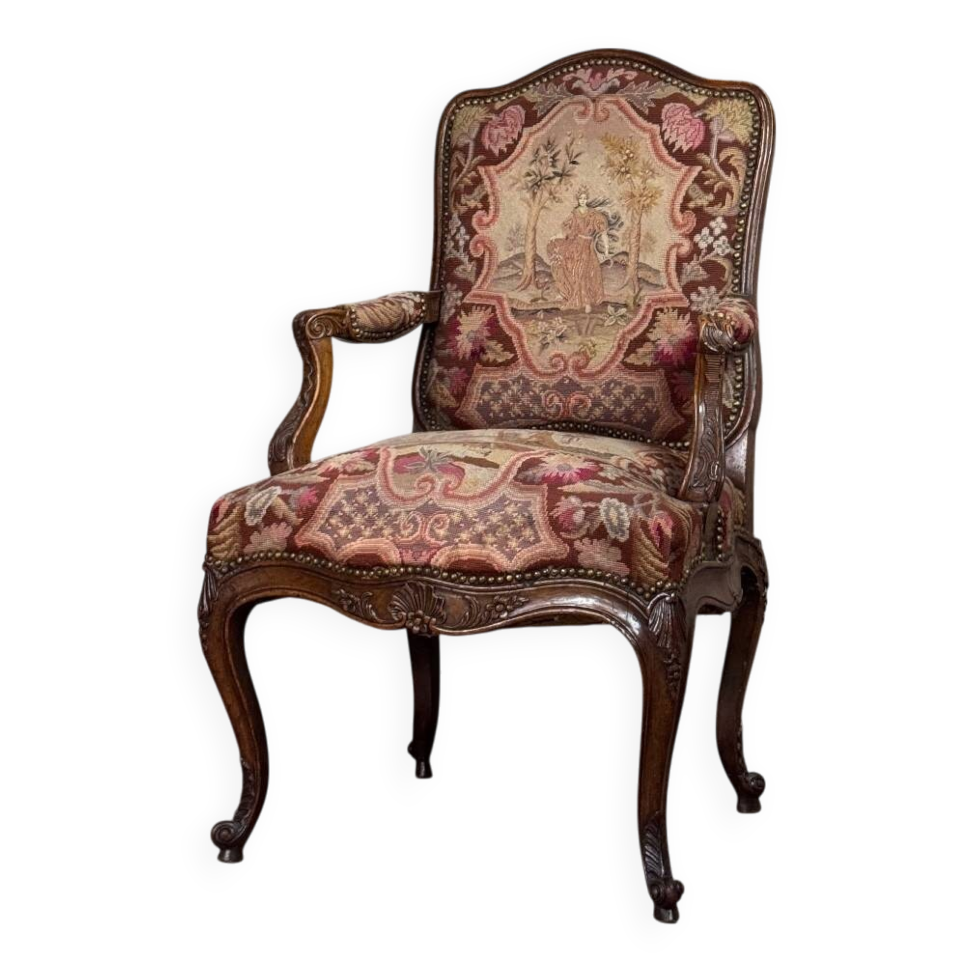 Louis XV armchair in carved walnut, needlepoint tapestry, 18th century