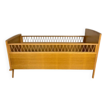 Bohemian wooden and rattan children's bed from the 60s