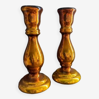 Pair of eglomised glass candle holders