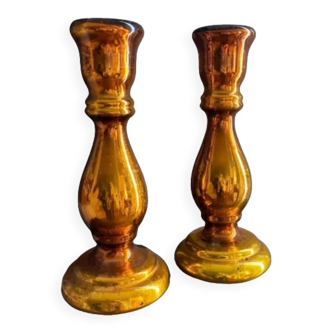 Pair of eglomised glass candle holders
