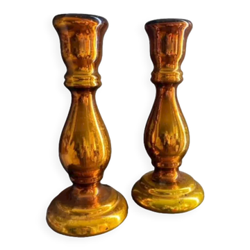 Paire de bougeoirs en verre églomisé
