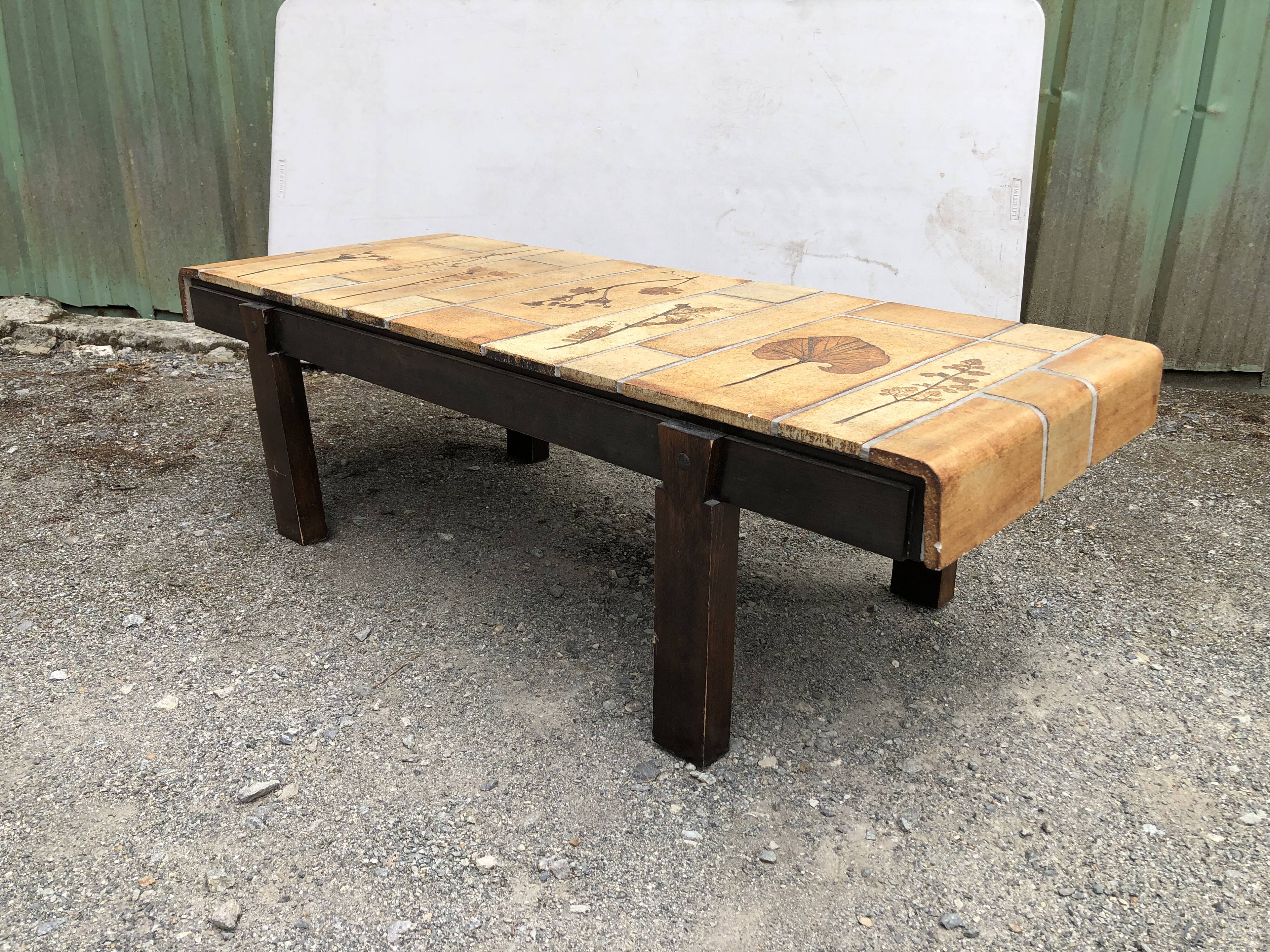 Vintage ceramic coffee table with herbarium decorations by Roger Capron, solid beech base.