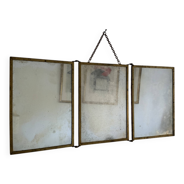 Miroir vintage 1900 triptyque barbier Art Nouveau doré - 21 x 48 cm