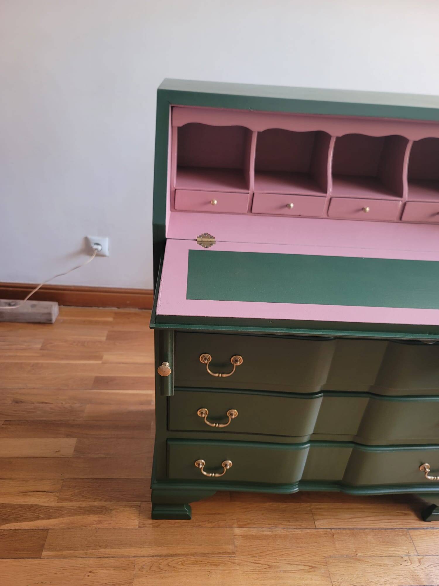 Vintage upcycled secretary in green and pink, original handles.