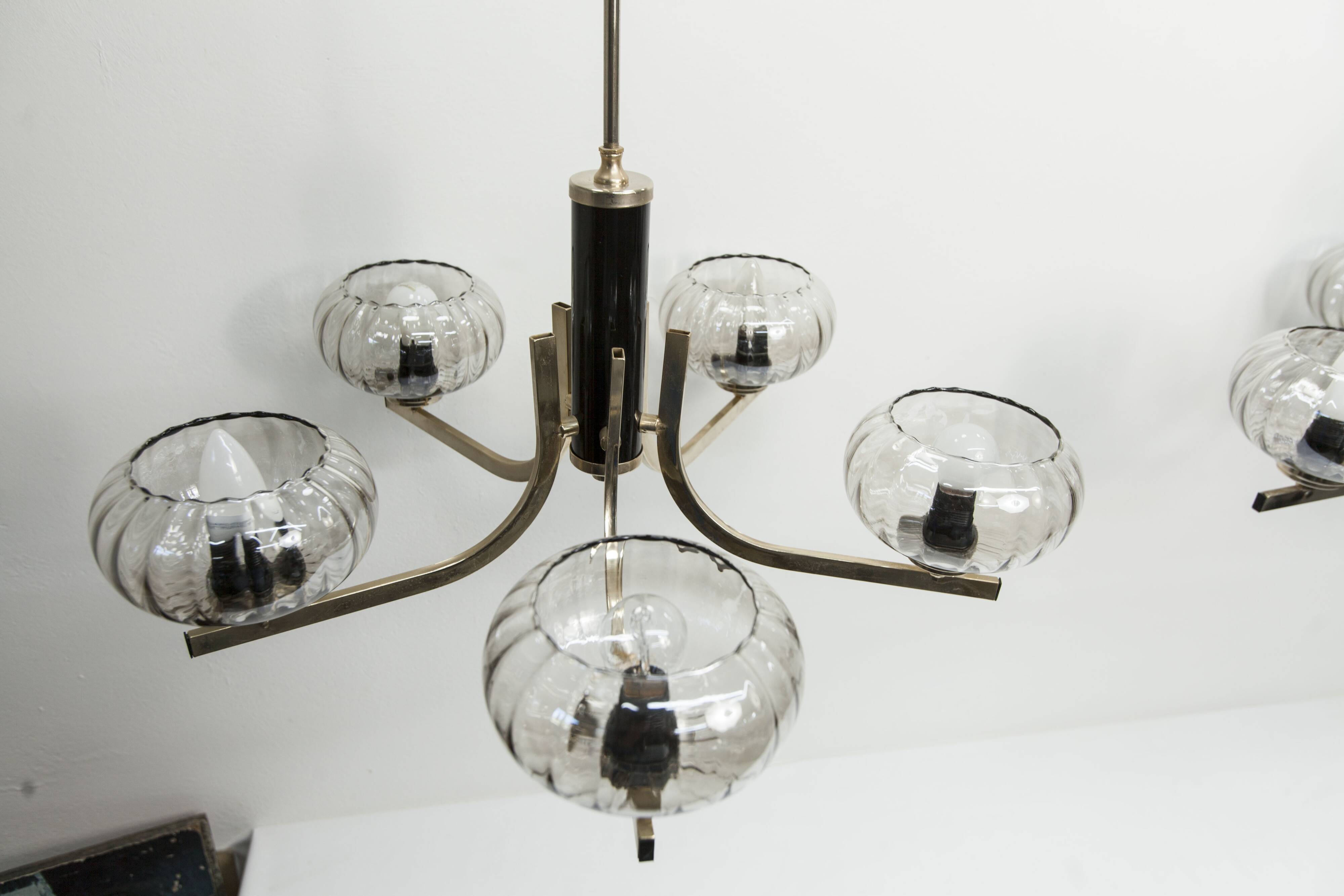 See Delmas chandelier, 5 branches, black and gold, transparent glass, 1960
