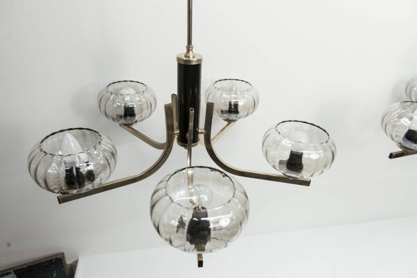 Lustre See Delmas 5 branches noir et doré verre transparent 1960