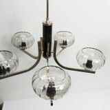 See Delmas chandelier, 5 branches, black and gold, transparent glass, 1960