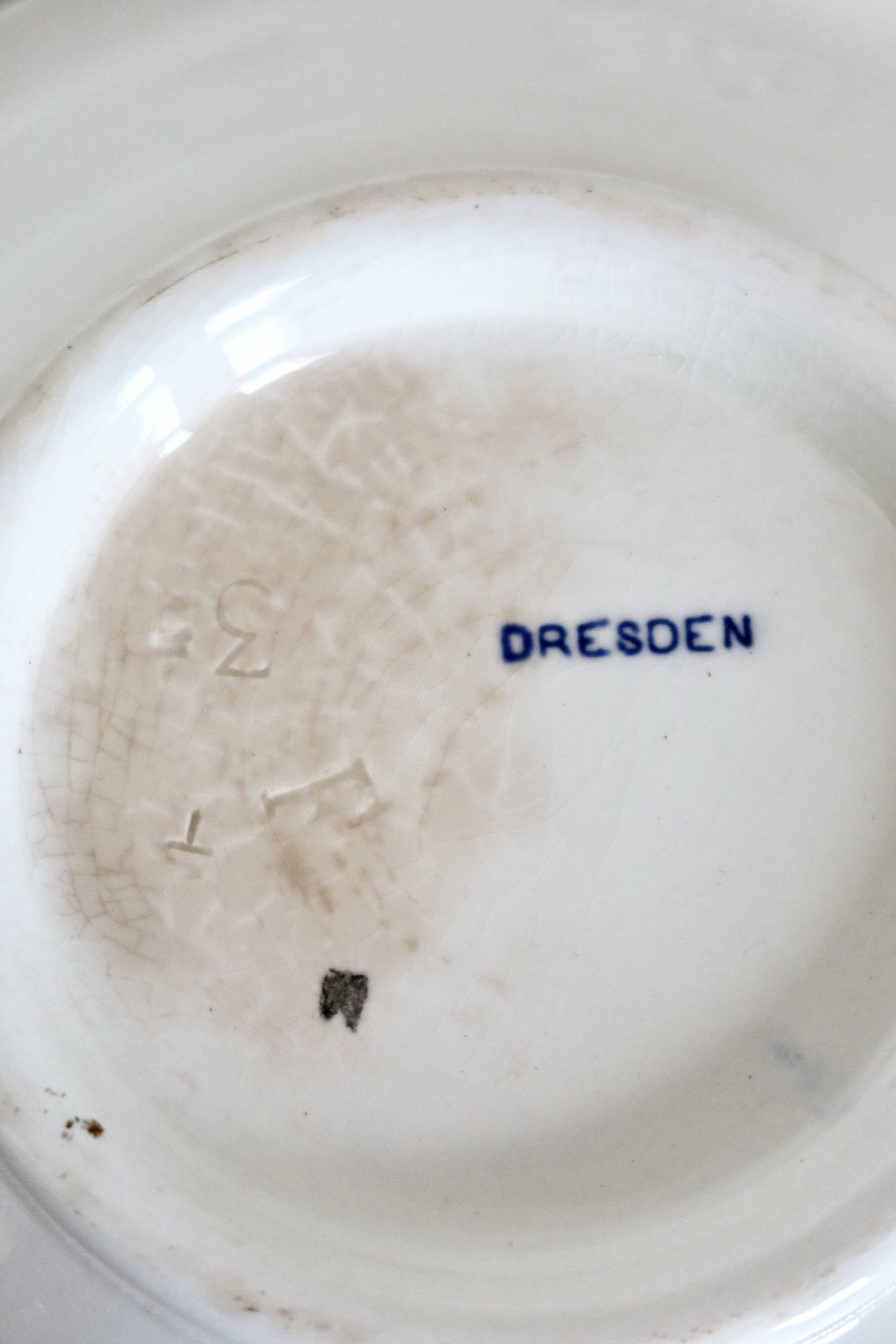 Vintage porcelain pedestal plate Dresden - Blue and white floral pattern