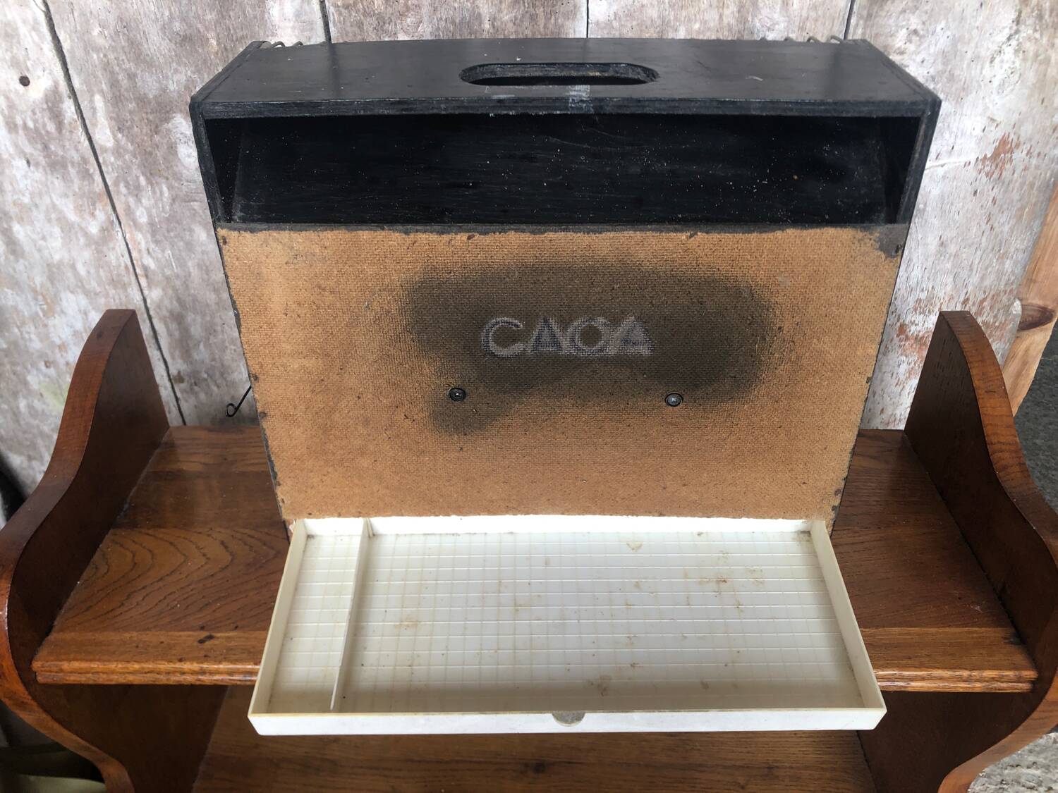 Old small bird cage caoa wood + metal + plastic tray vintage