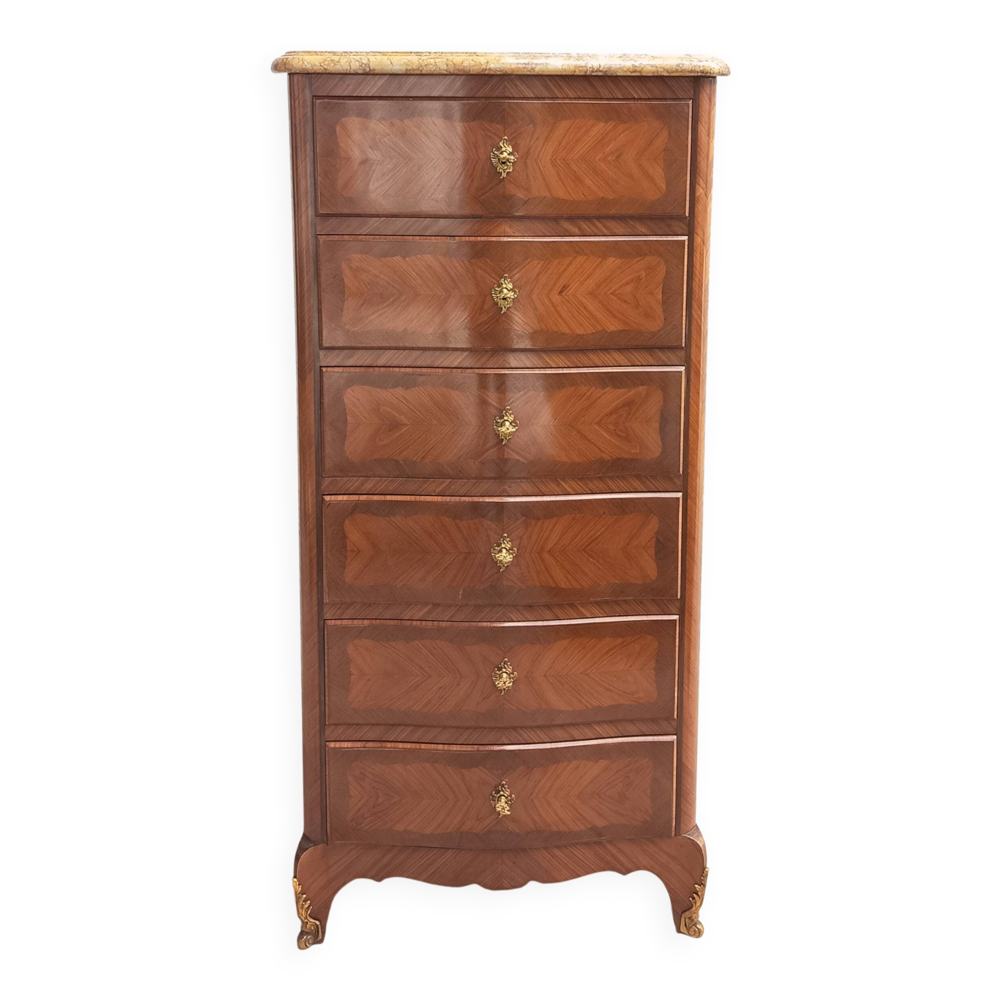 Louis XV style chest of drawers in precious wood veneer.