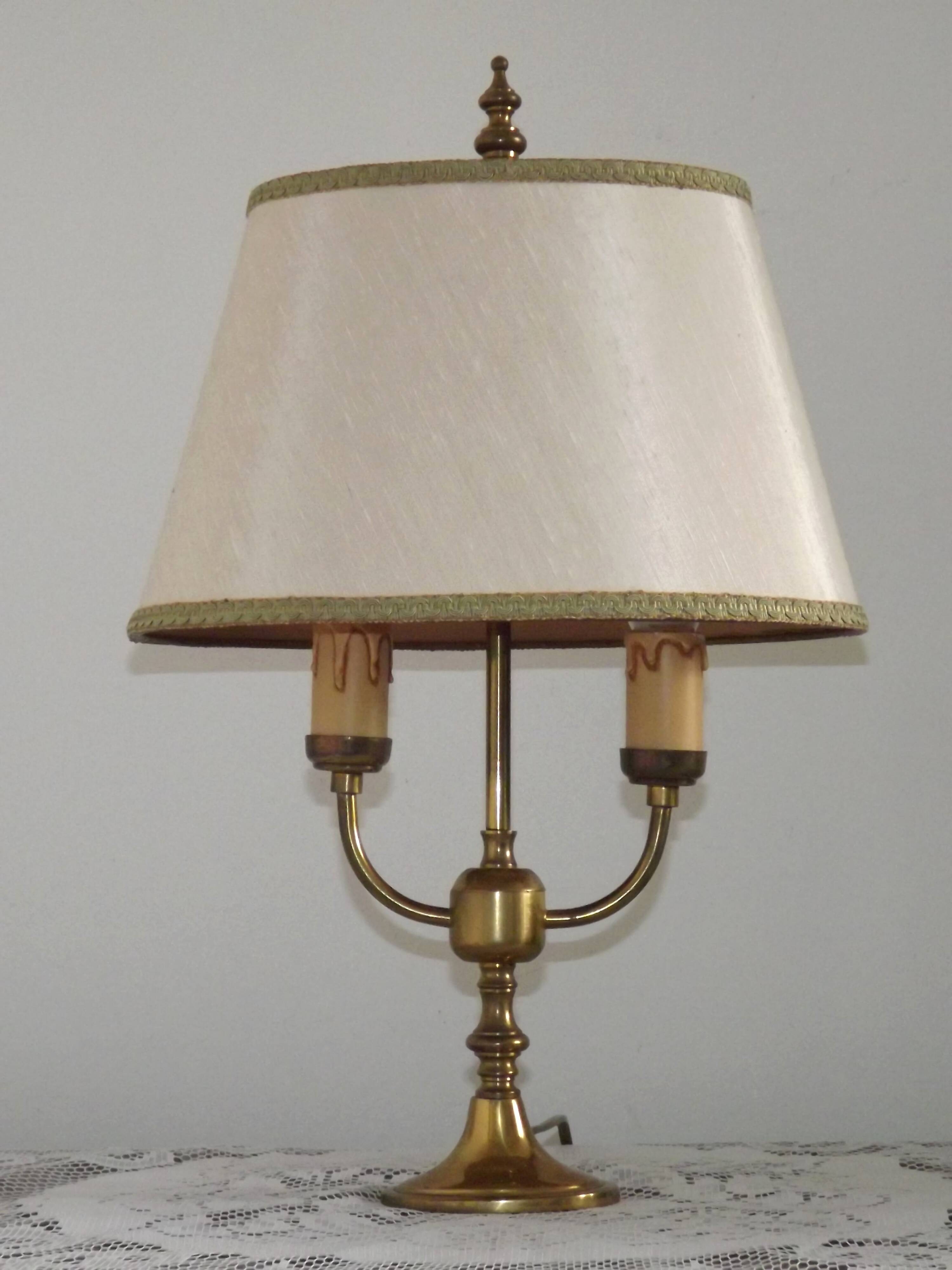 2 Light French Vintage Brass Boulotte Table Lamp With Cream Fabric Shade