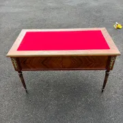 Elegant flat desk in Louis XVI style made of marquetry wood.
