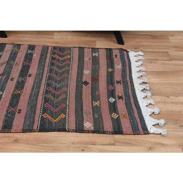 Purple Vintage Turkish Handmade Wool Kilim Runner Rug 109x398