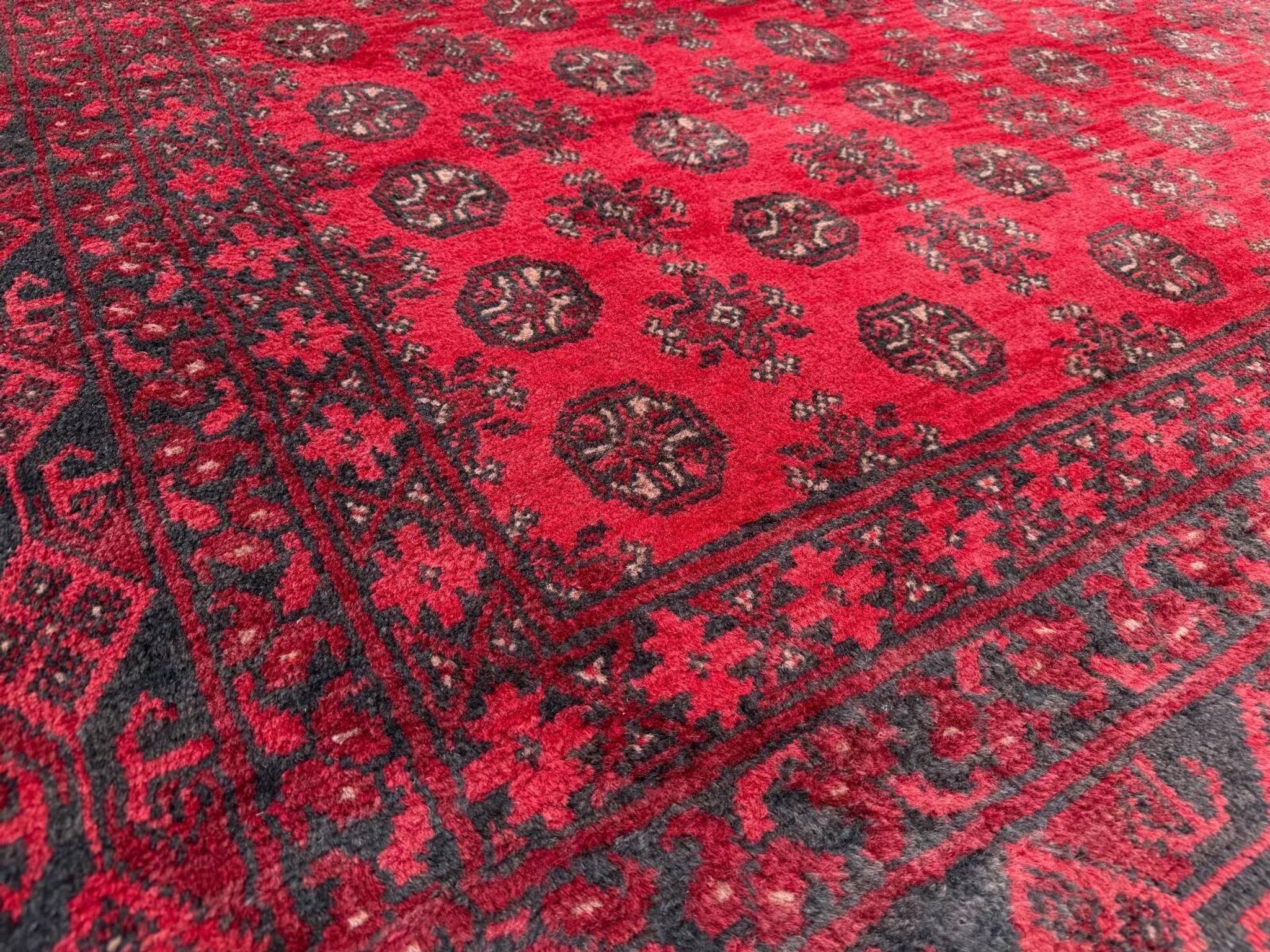 Vintage Afghan Turkoman village rug 195x280 cm, red, black tribal large