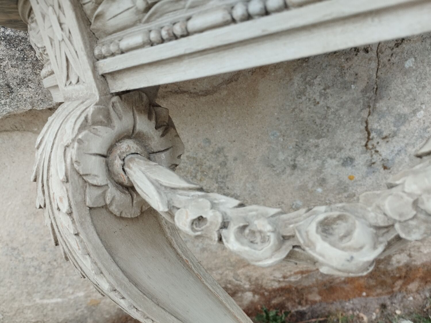 Beautiful antique wooden console with a marble top in Louis XVI style.