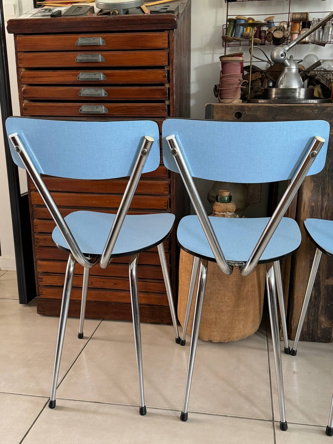 Set of 4 blue Formica chairs