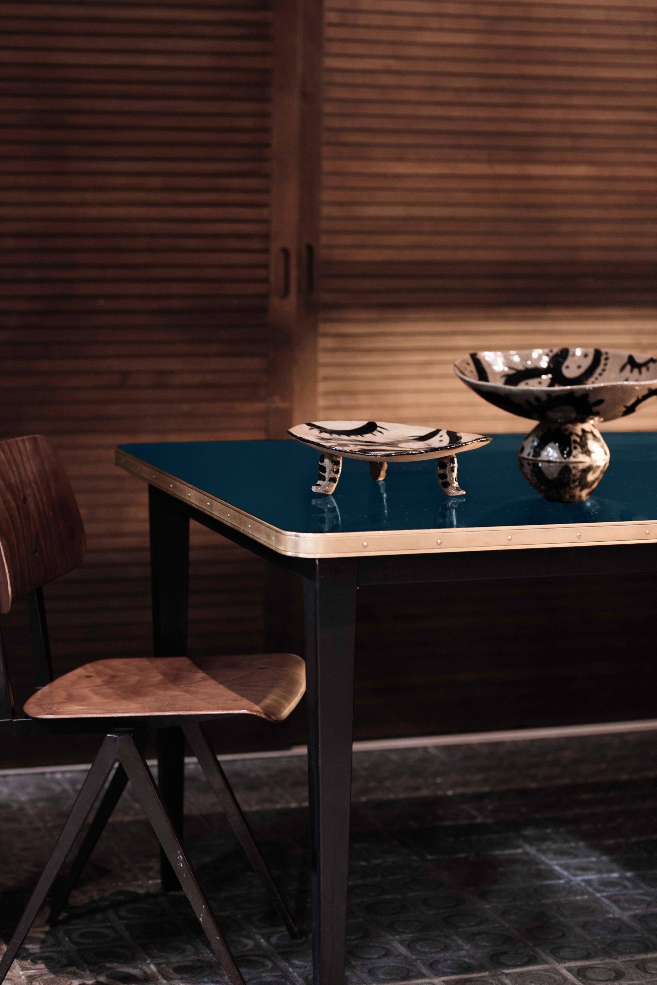Dining Table, High Gloss Laminate, Brass, Tapered Legs, Navy Blue - XL