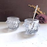 Glass salt and pepper shaker set with vintage serving spoon