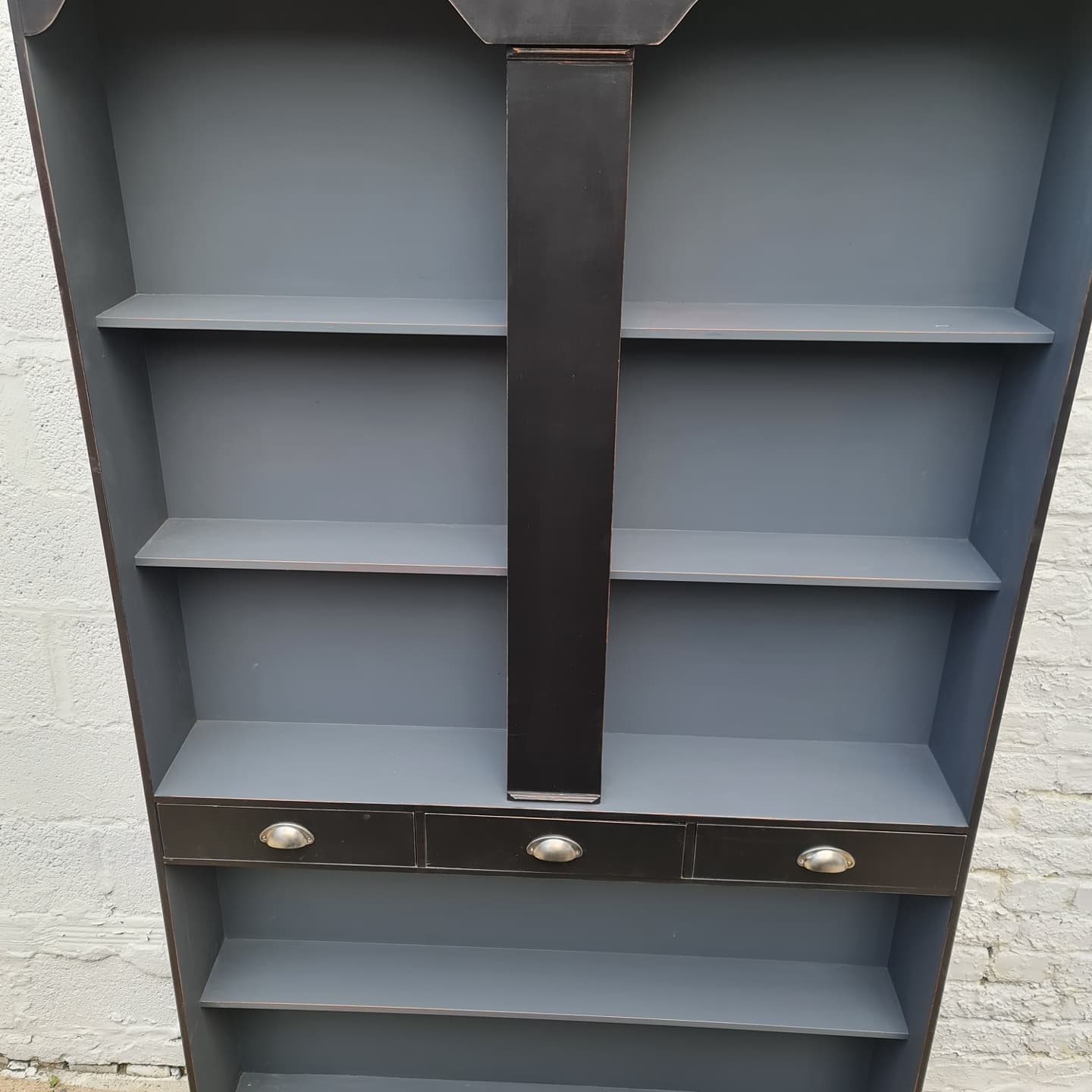 Bar set and back shelf black patina counter