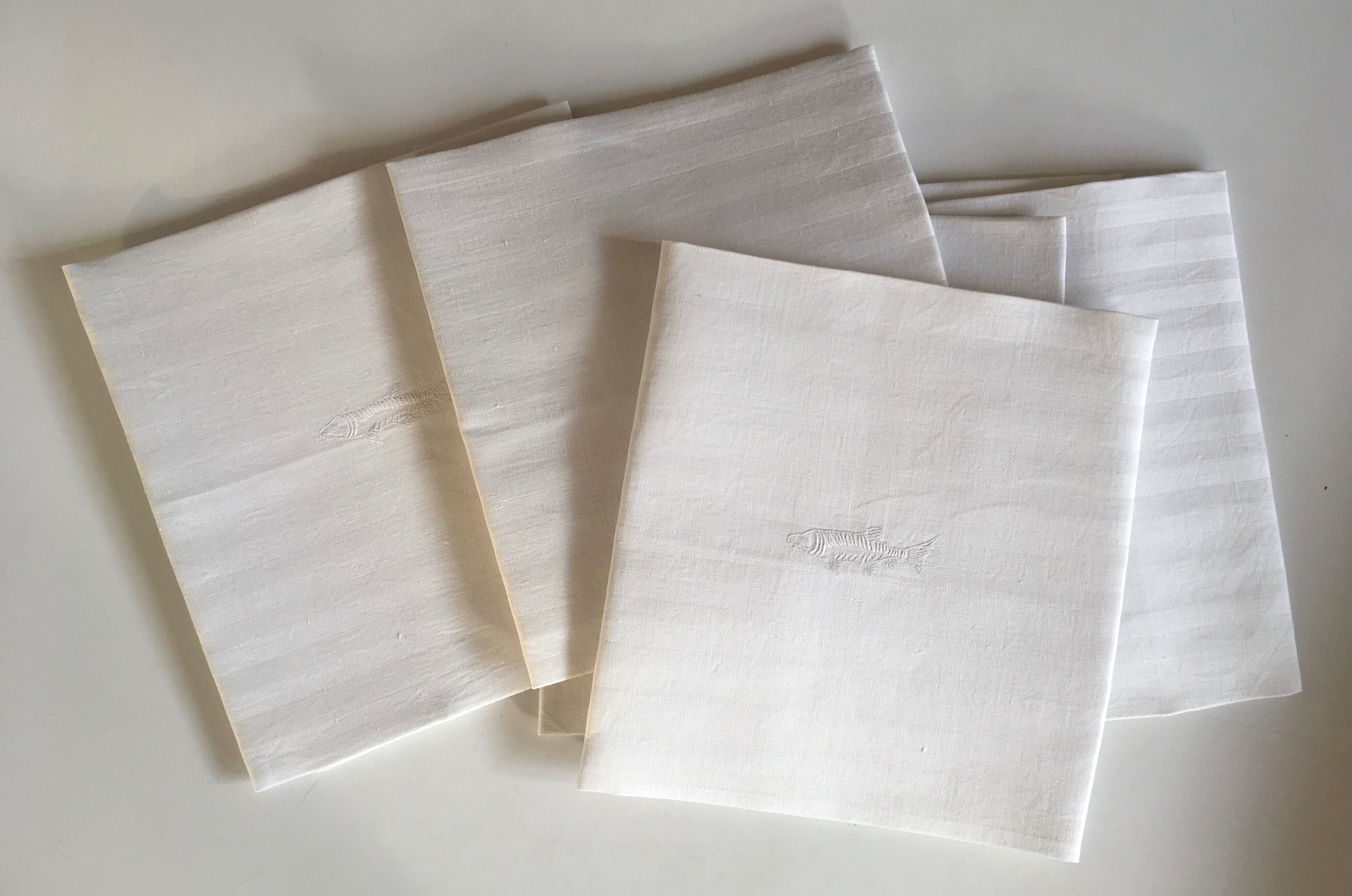 set of 6 19th damask linen napkins embroidered to a fish