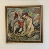 Peinture à l'huile sur panneau suédoise « Femmes abstraites et fleurs », milieu XXème