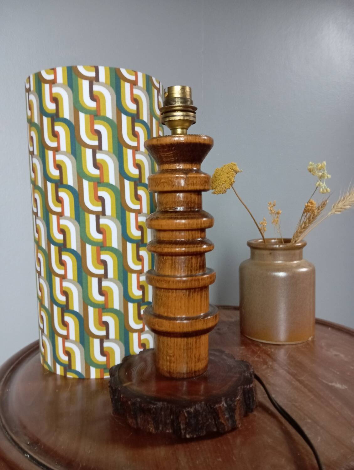 Vintage brutalist wooden table lamp, space age printed lampshade
