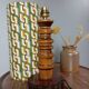 Vintage brutalist wooden table lamp, space age printed lampshade